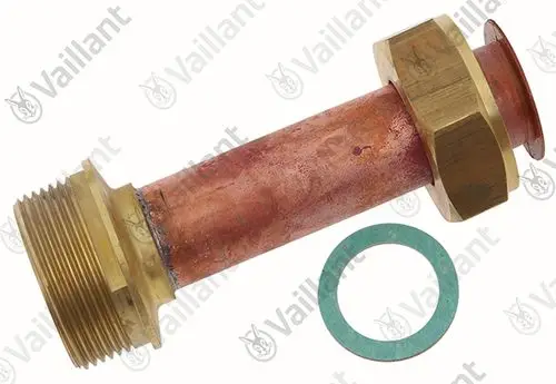 Vaillant Rohr mit einem gewindeten Ende und einer Kupferoberfläche, begleitet von einer grünen Dichtungsscheibe.